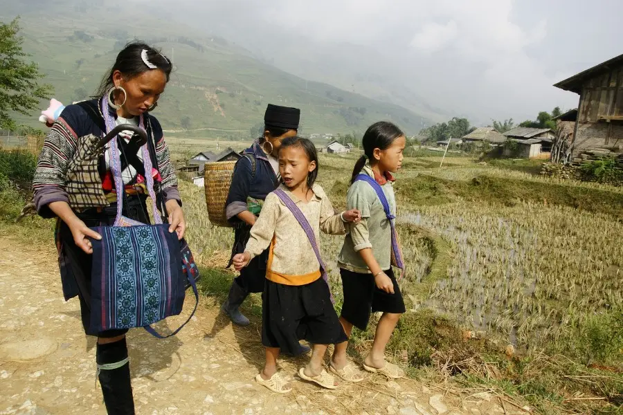 A group of ethnic minorities, dressed in colorful traditional costumes, are walking on a dirt road in the middle of a rice field. The woman in front holds an embroidered cloth bag, while the one behind carries a basket on her back. Surrounded by majestic mountains and simple wooden houses.