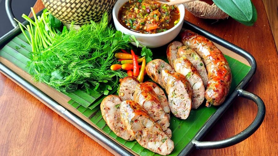 Laos food favorite, Sai Oua combines juicy pork with aromatic local herbs